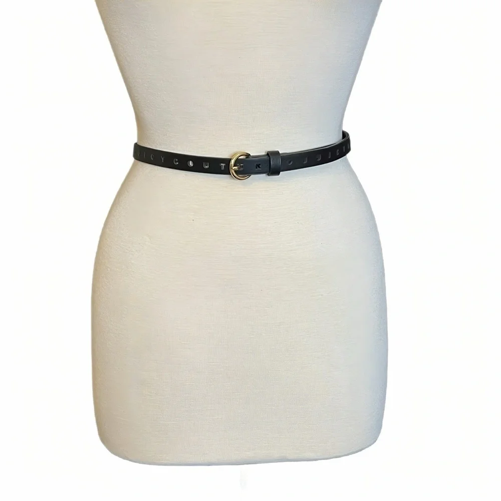 Vintage Juicy Couture Black Leather Skinny Belt Gold Buckle Cutout Logo XL Y2K